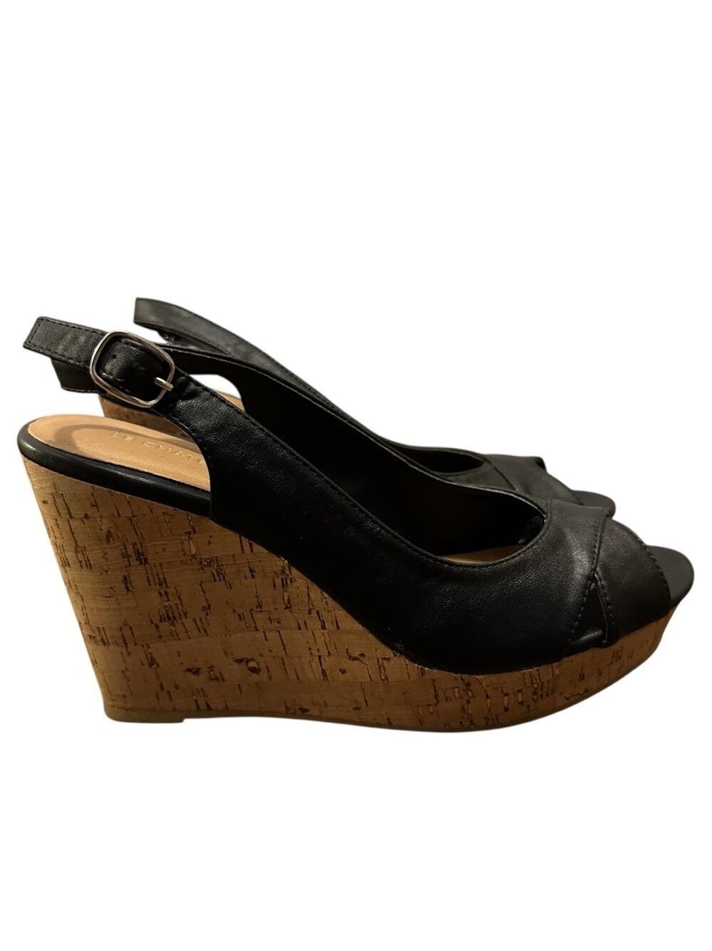 Le Chateau Black Wedge Sandals with Cork Heel and Adjustable Buckle Strap